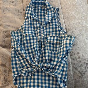 Aerie Blue and White Gingham Tie-Front Sleeveless Shirt